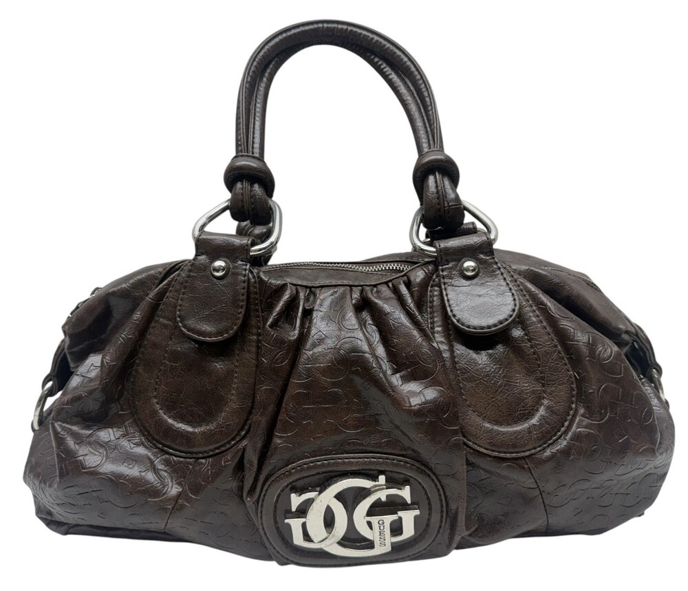 GUESS Brown Logo Embossed Satchel Handbag Purse Silver GG Hardware Y2K